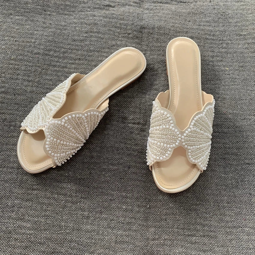 Luxury Summer Flat Sandals for Women Fashion Faux Pearl Designer Slide Sandal Comfortable Lightweight Beach Casual Shoes Woman