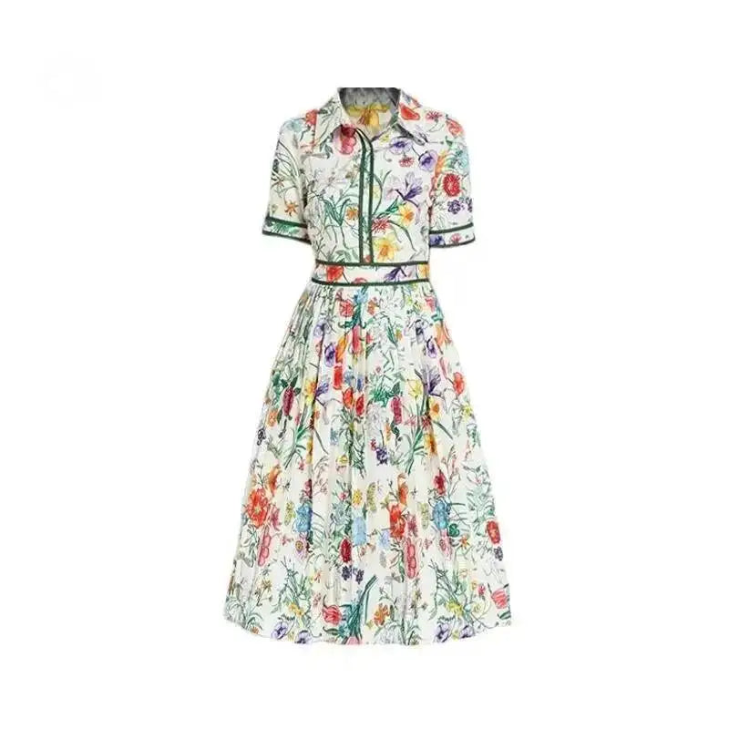 JAMERARY Runway Design Fashion Floral Print Elegant Summer Pleated Midi Long Dress Shirt Street Casual Lady Office Work Dresses