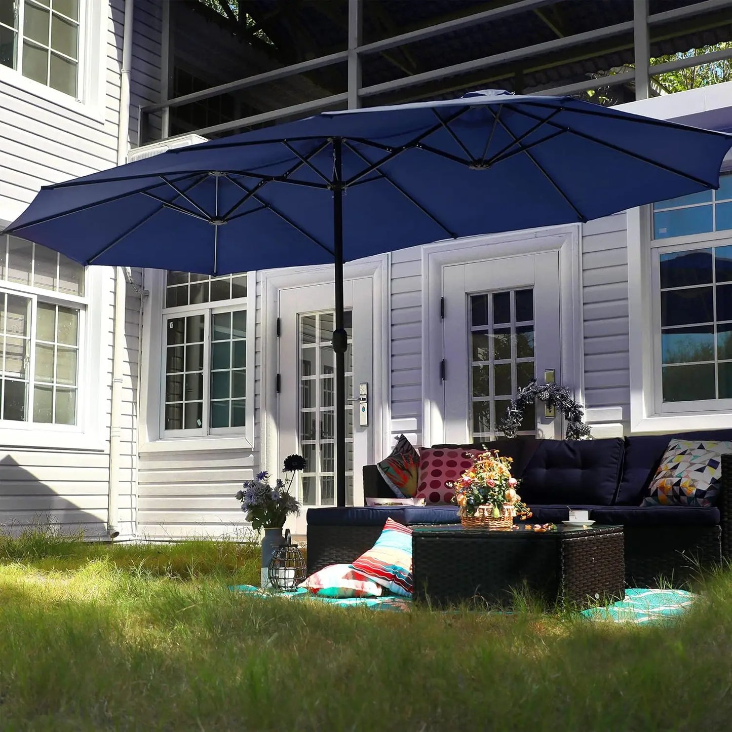 15FT Patio Umbrella with Base, Large Double-Sided Outdoor Market Umbrella with Crank Lift, UV-Resistant Canopy for, Customized