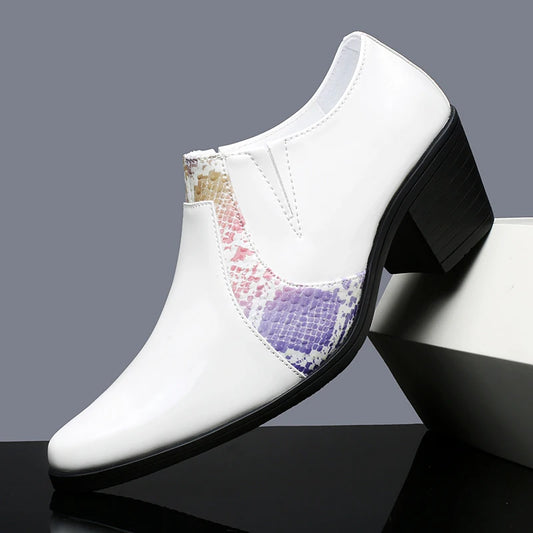 Black Pu Leather Business Dress High Heel Men's Shoes Pointed Toe Slip-on Elegant Party Wedding Shoes Thick Bottom Plus Size