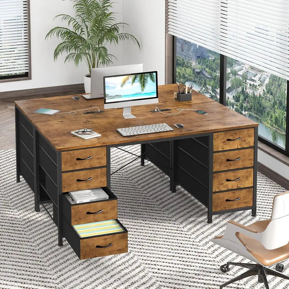 50-inch Rustic Brown Study Desk with 8 Drawers, Power Outlets for Home Office and Gaming