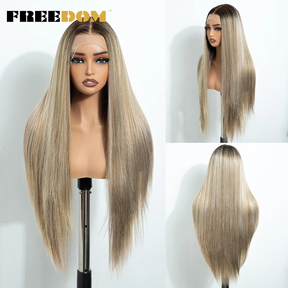FREEDOM 13X4 Pre Plucked Synthetic Lace Front Wigs For Black Women Natural Hairline Straight 30 Inch Ombre Brown Wig Daily Use