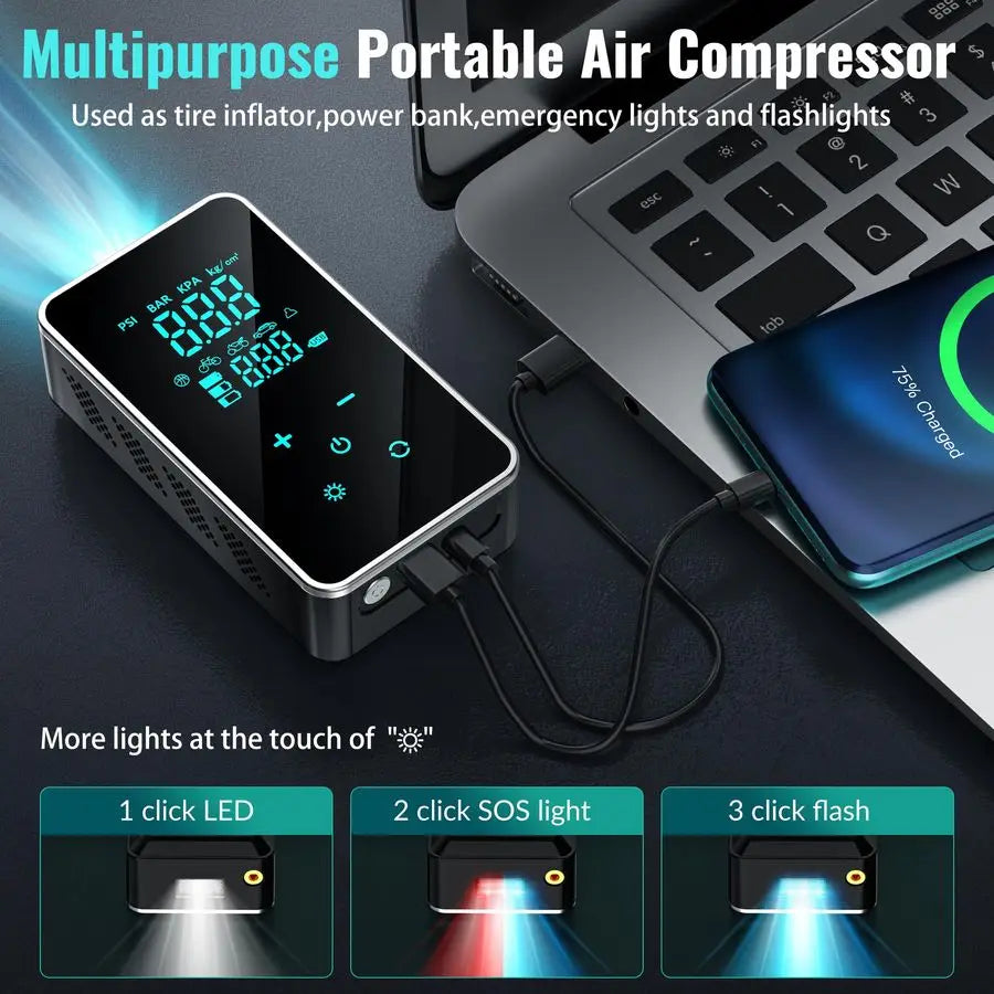 Inflator Portable Air Compressor150PSI Air Pump for Car, Bike Pump Touch Screen Gauge Light, Tire Pump 3X Faster Inflation with