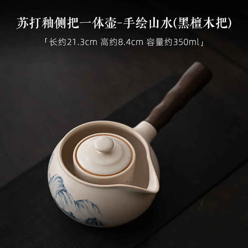 Retro Soda Glaze Ceramic Teapot Hand-painted Landscape Lifting Beam Pot Boiling Water Side Handle Kettle For Electric Stove