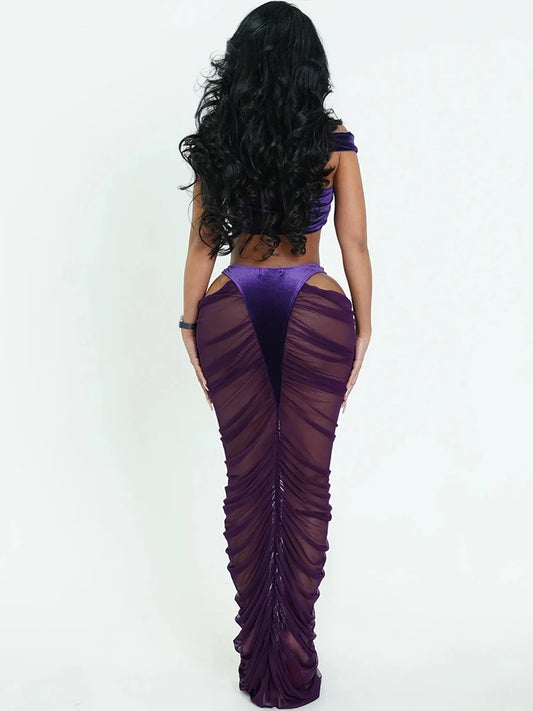 Kliou Sexy Fashion 2 Piece Set Woman Velvet Cross Kink Tank Tops+Hollow Design Ruched Long Skirts Club Party Coquette Outfits