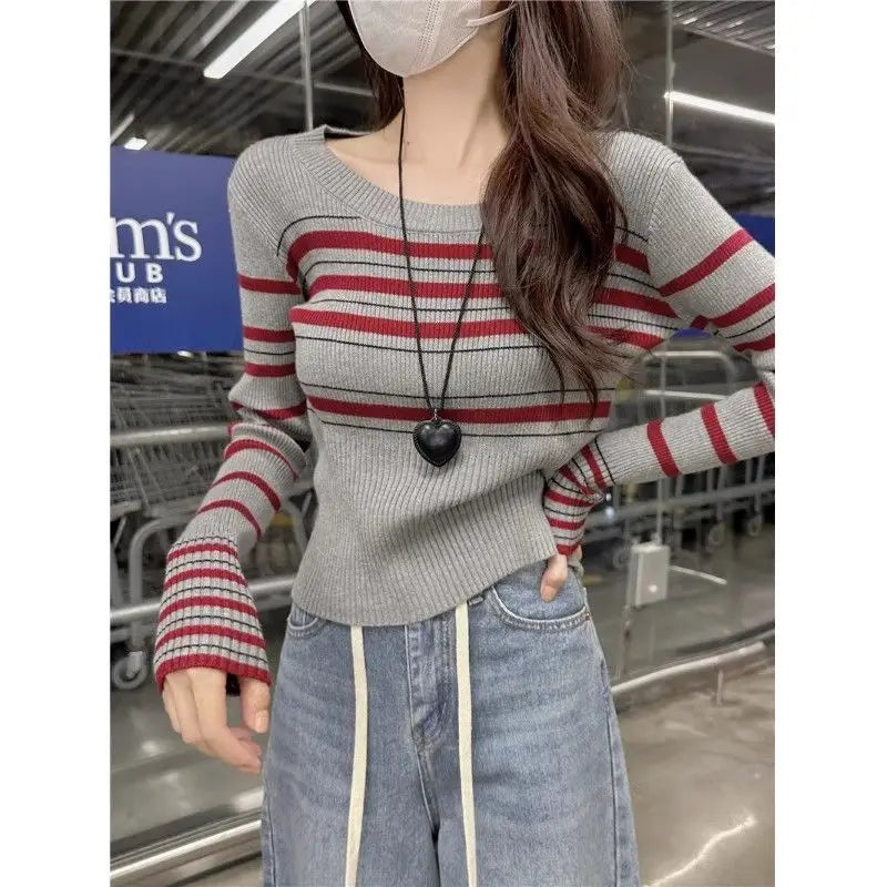 Gray Striped Round Neck Straight Shoulder Long Sleeve Sweater Women's Short Base Shirt Top
