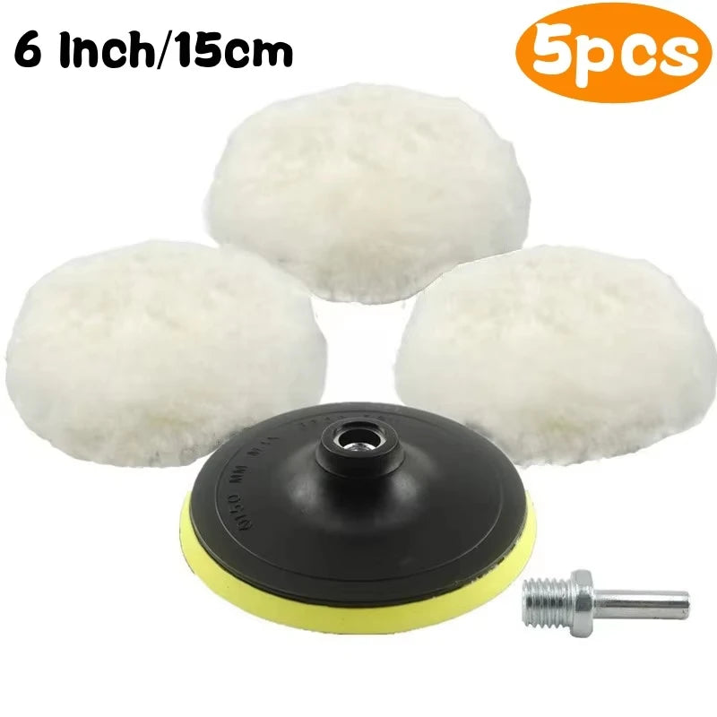 5Pcs 3/4/5/6/7 Inch Wool Car Polishing Pad Set For Polisher Machine Waxing Polishing Buffing Wheel Auto Paint Care Polisher Pads