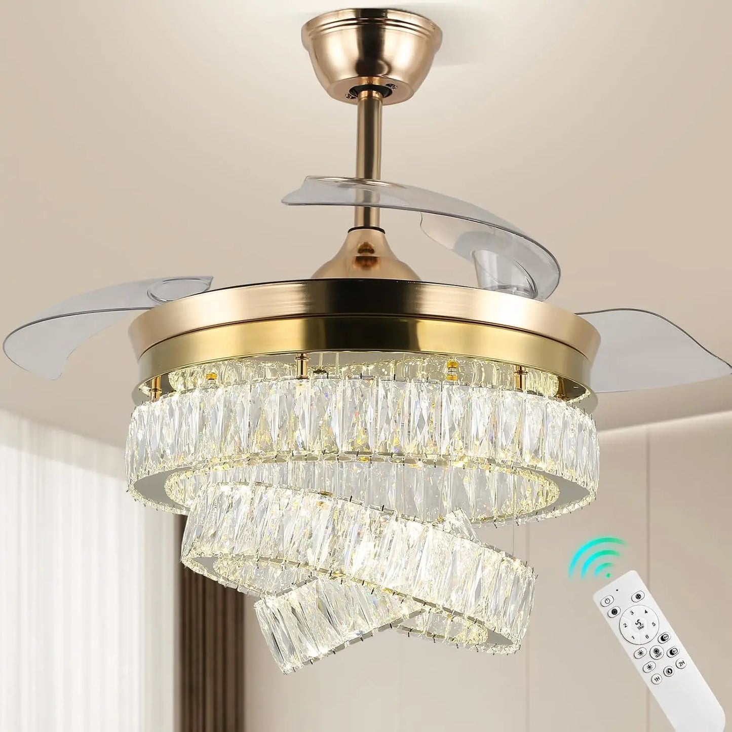 42'' Dimmable Chandeliers Fan, Crystal Ceiling Fan with Lights with APP & Remote Control, Gold Fandelier Ceiling Fan, 3 Color Ch