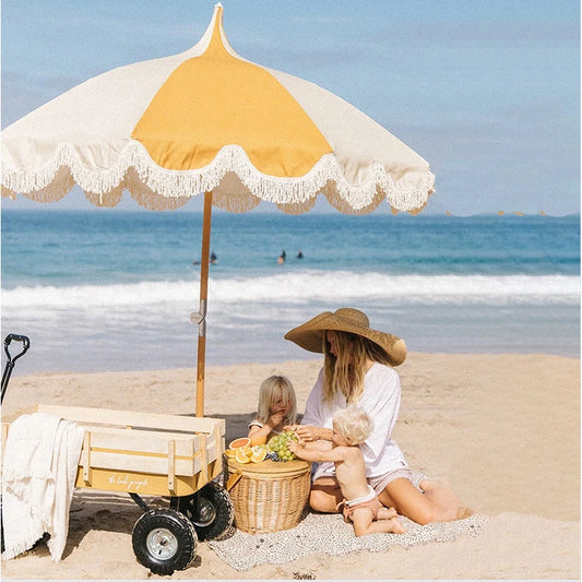 Vintage Outdoor Market Beach Parasol Pagoda Style Cotton Fringes Foldable Waterproof for Australia USA Hotels Backyard Patio