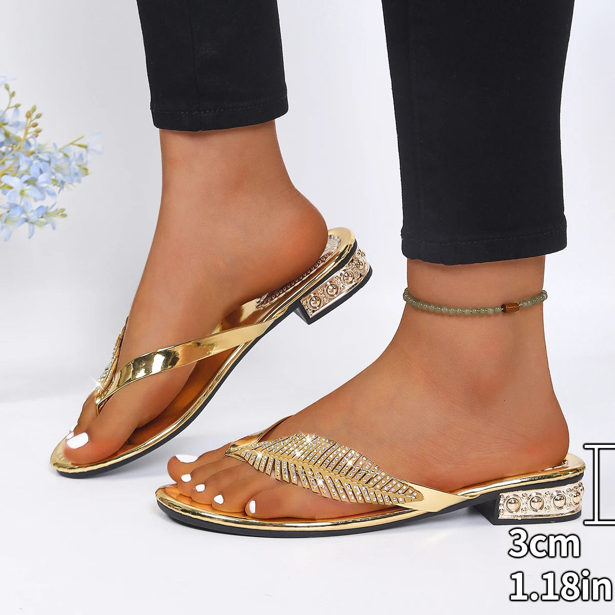 Luxury Rhinestone Leaf Flip Flops Woman Summer 2026 Gold Silver Crystal Low Heel Sandals Women Soft Bottom Lightweight Shoes 43