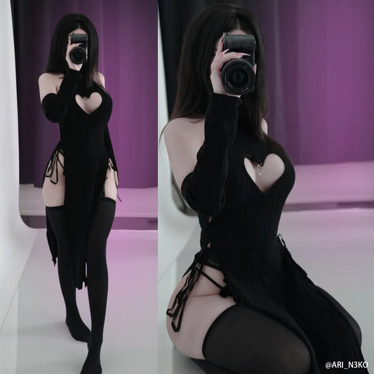 KORURACLUB Sexy Women heart Turtleneck sweater Soft knitted cheongsam long Backless dress