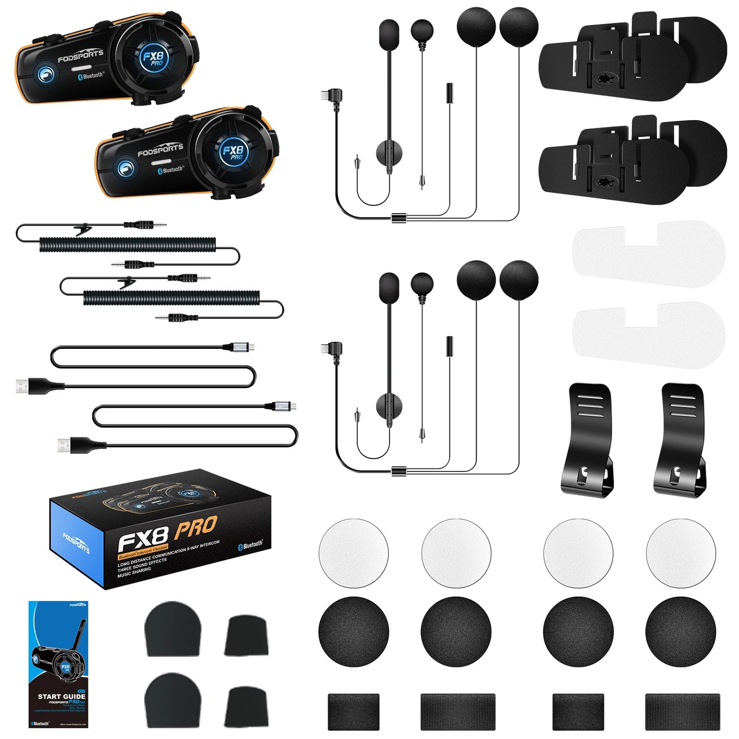 2pcs Fodsports FX8 Pro Motorcycle Helmet Intercom Bluetooth Headset Interphone,10 Riders 2000M,Dual Chip,Support APP.