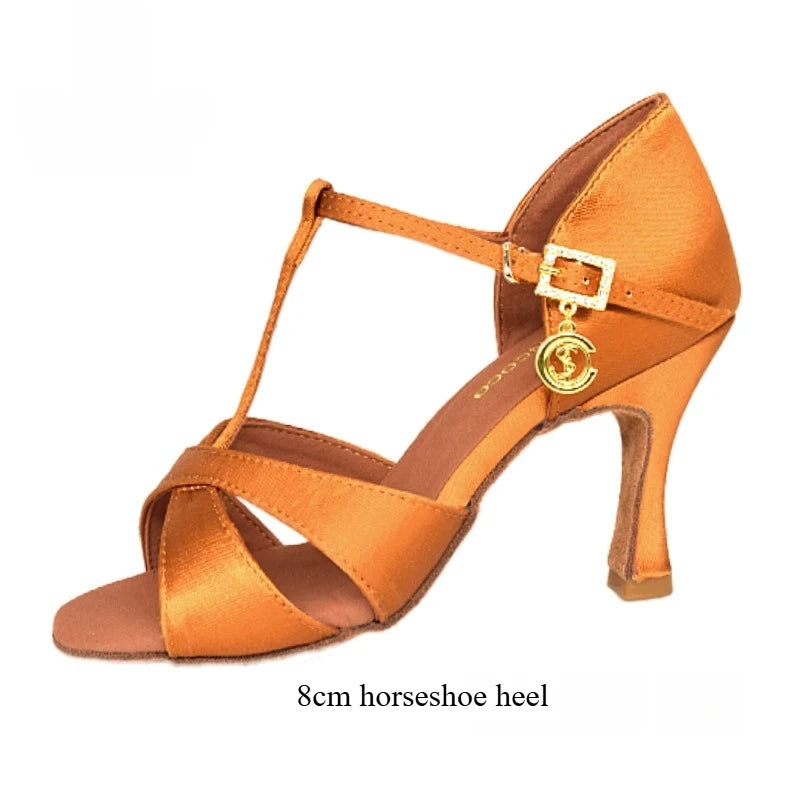 SW Latin Dance Premium Elegant Professional Women's Medium High Heel Soft Sole Ballroom Competition Dance Shoes for Practice