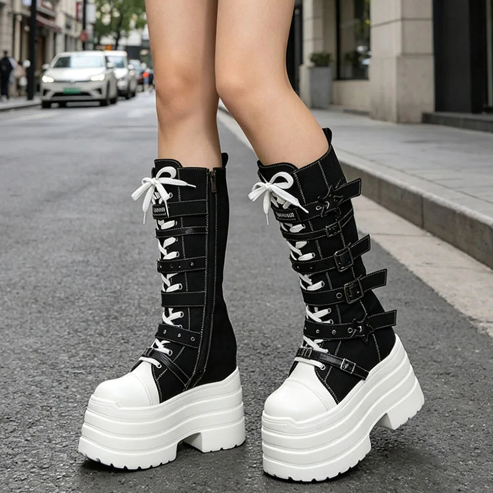 2026 Winter Punk Women Platform Knee High Boots Canvas Patchwork Lace-up Multi Metal Buckle Straps Chunky Heel Motorcycle Boots
