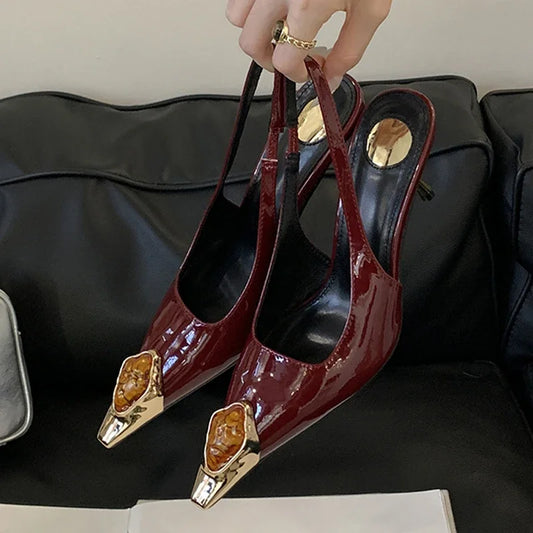 Fashion Design Inlay Gems Pointed Toe Patent Leather Sexy Slingback Sandals Women Pumps High Heels Wedding Banquet Shoes