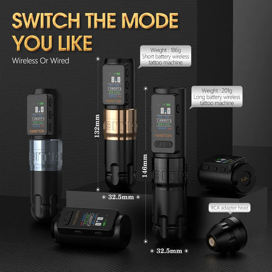 Ambition Soldier Max Kit Wireless Tattoo Machine Straight Rod Stroke 4.0mm Color Screen Billing Battery 2400mAh Coreless Motor