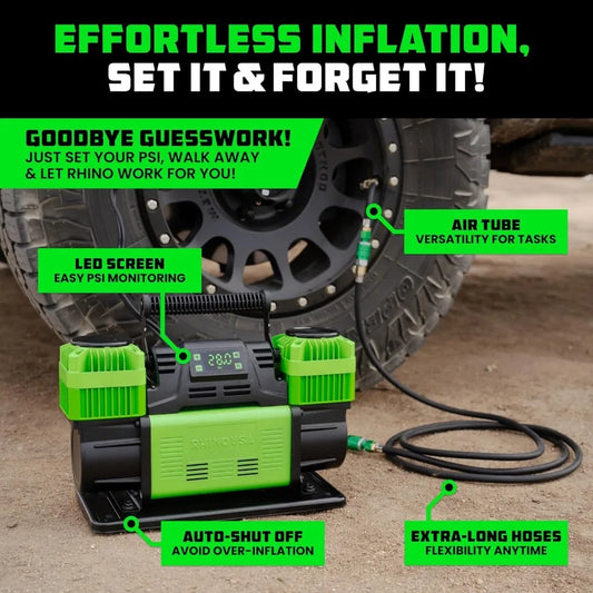12V Portable Air Compressor for Off-Road Truck Tires Dual Tire Pump 10.6 CFM Auto Shutoff Built-in Pressure Gauge Rubber Mounts