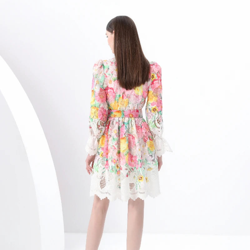 Spring/Summer Retro Single Breasted Mini Dress French Hollow Lace Dress Female Temperament A-line Elegant Shorts Vestidos C18
