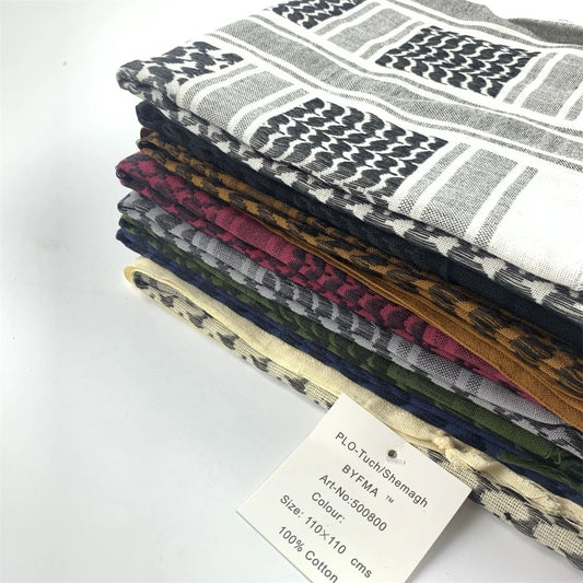 100% Cotton 110 X 110cm Hunting Scarf Shemagh Tactical Desert Keffiyeh Head Neck Scarf Arab Wrap with Tassel