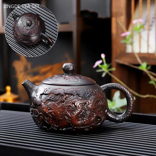 Purple Pottery Relief Teapot Hand-carved Dragon Pattern Beauty Kettle Traditional Ball Hole Filter Pot Chinese Zisha Tea Set