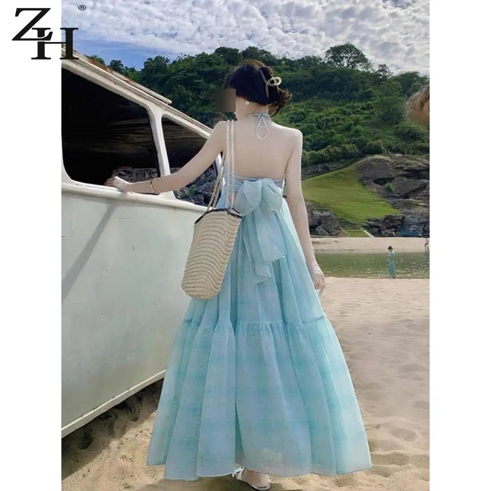 Seaside Vacation Tea Break French Halter Dress Fairy Temperament Long Skirt Backless Bow Tie Flowy Tiered Beach Dresses