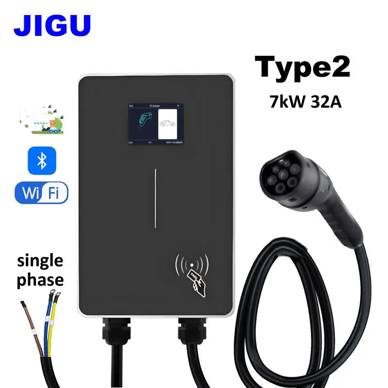 JIGU 1-phase 7kw 32A Type 2 Electric Vehicle Charging Station 3-phase 11KW 22KW EV Charger WIFI Bluetooth Wallbox Car Charger