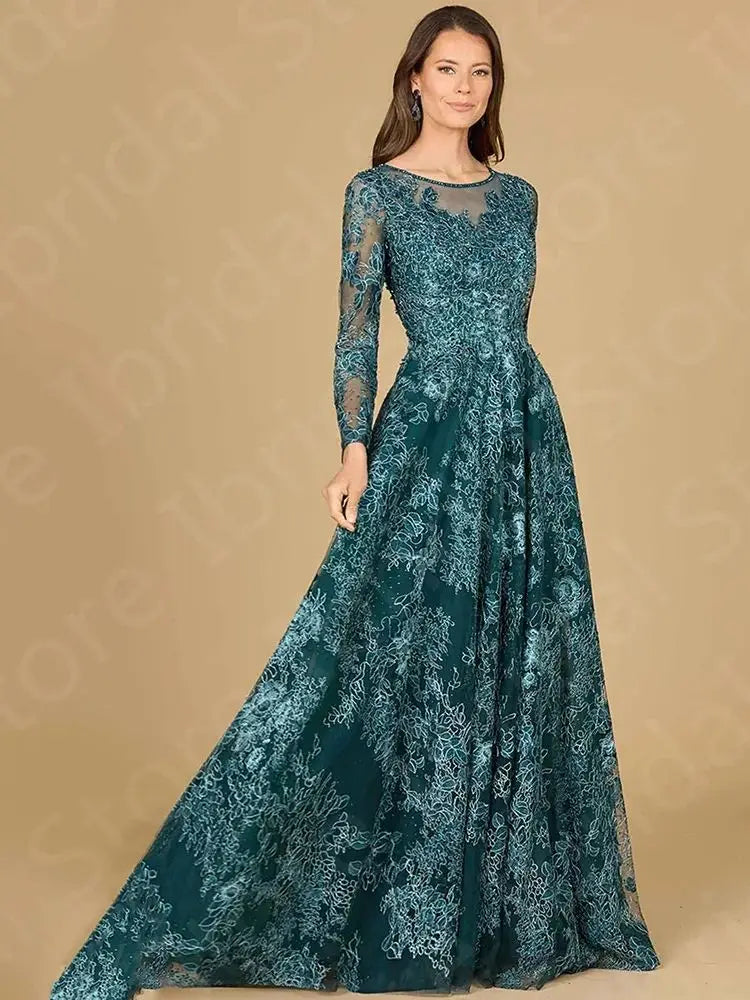 Vintage Dark Teal Mother Gowns for Wedding Women 2024 Lace Mother of the Groom Dress Long Sleeves Wedding Party Dresses Pink