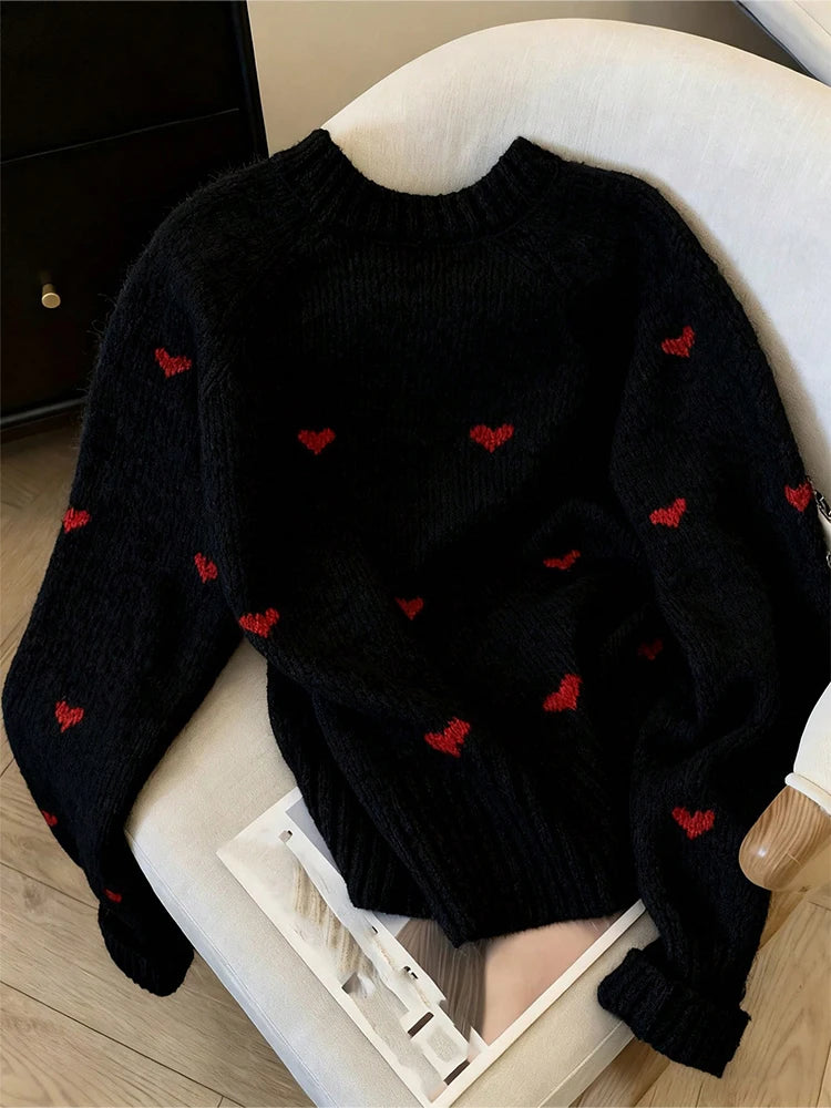 New Autumn Winter Comfortable Heart Pattern Sweater Long Sleeve Pullover Round Neck Top Sweater Warm Versatile Women's Clothing