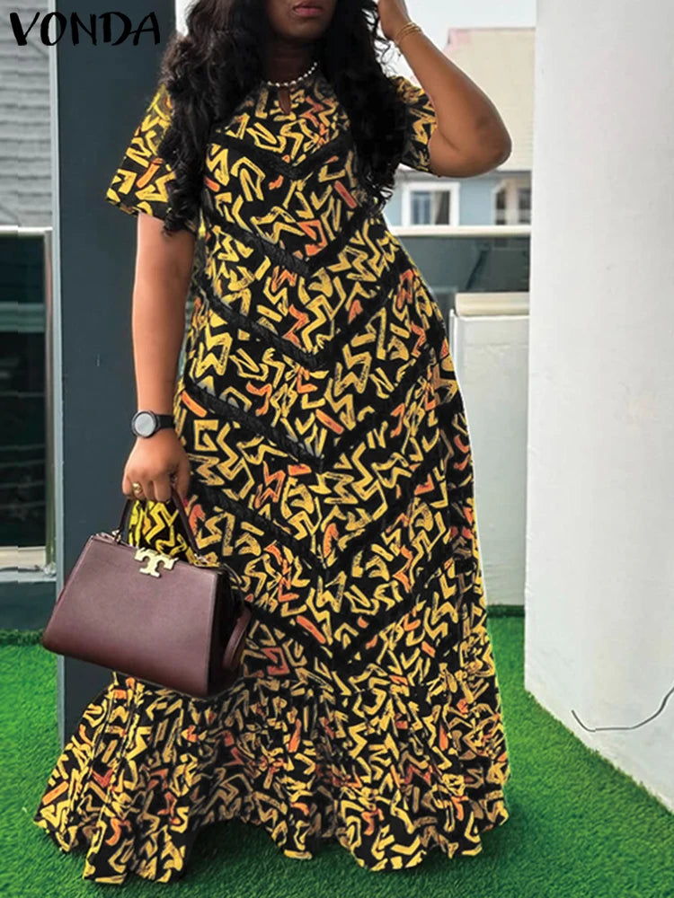 VONDA Women Vintage Maxi Dress Short Sleeve Summer Party Vestidos 2025 Casual Printed A-line Robe Bohemian V-Neck Long Sundress