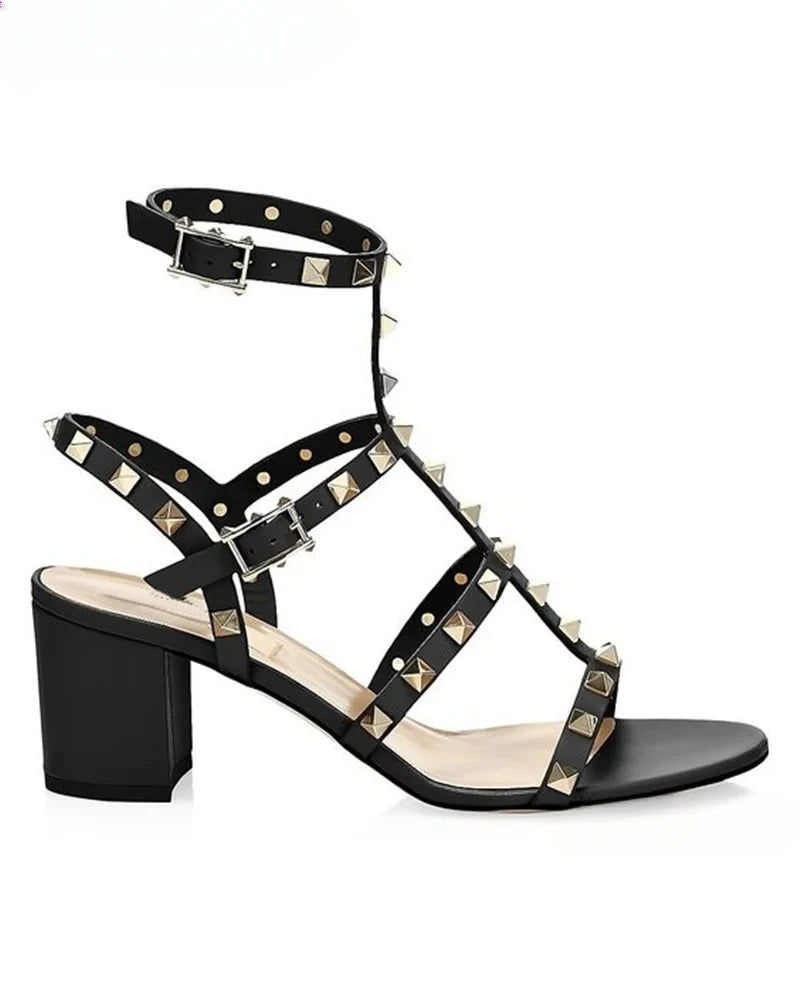 Rockstud Open Toe Block Heel Sandals Luxury Designer Ankle Straps Chunky Heels Women Summer Colorful Leather Pumps Dress Shoes