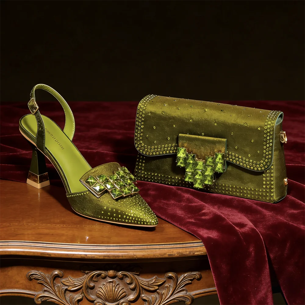 2026 INS Italian Design Olive Green rhinestone Pointed-Toe Women's High Heels & Matching Bag Set - Ideal for Parties & Weddings