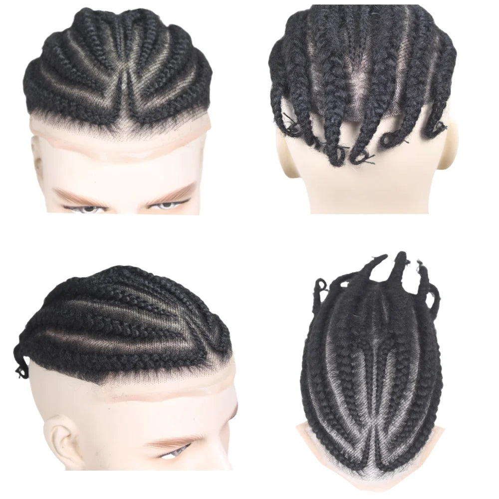 Glueless European Virgin Hair Toupee #1B Black - 8x10 Full Lace System w/Afro Corn Braids for Men