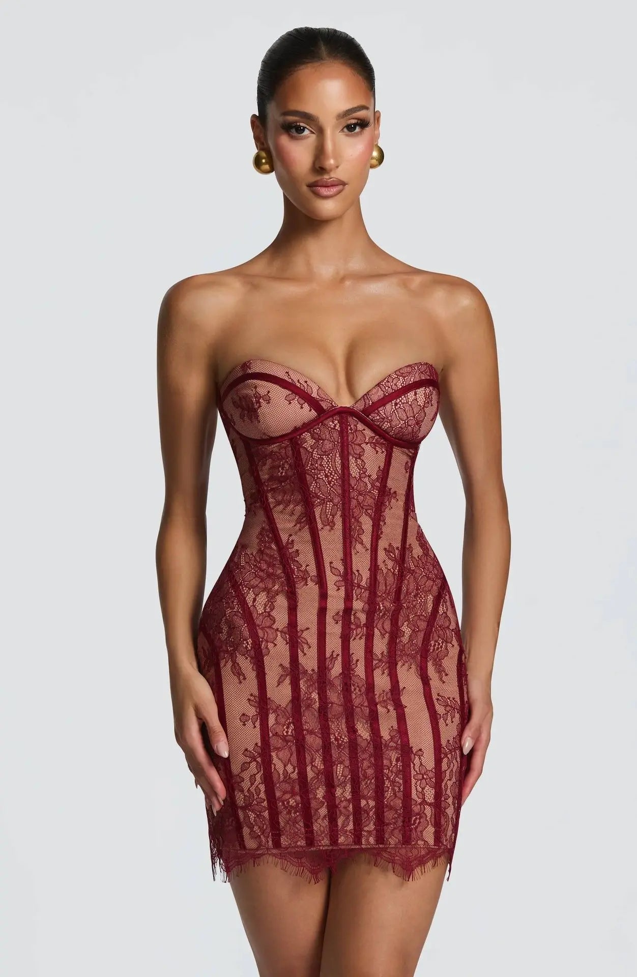 Elegant Women's Strapless Lace Long Dress Sexy Corset Maxi Dresses Summer Evening Party Cocktail Prom Wedding Guest Red Black