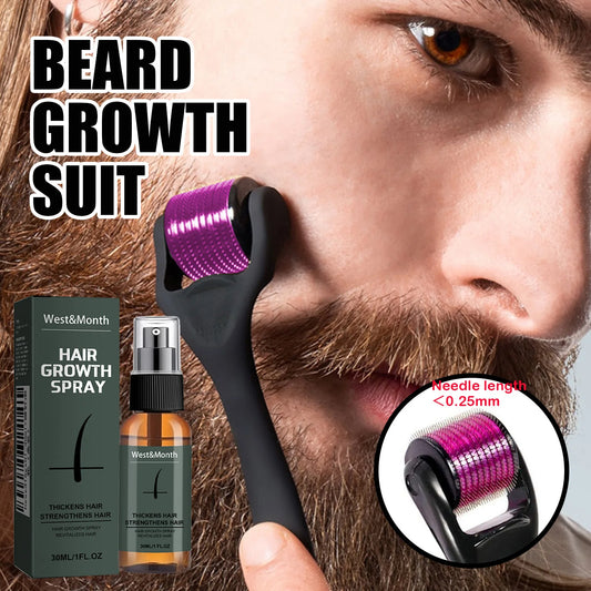 Men's Beard Growth Spray Kit with Micro Roller Moisturizing Thicken Facial Hair Beard Growth Essence Nourishing Spray Beard Care