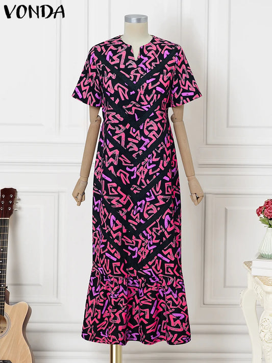 VONDA Women Vintage Maxi Dress Short Sleeve Summer Party Vestidos 2025 Casual Printed A-line Robe Bohemian V-Neck Long Sundress