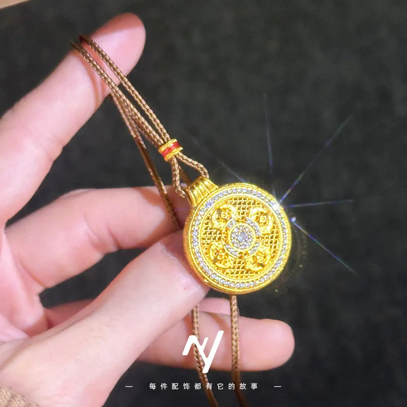 Luxury 24K 9999 Pure Gold Dorje Vajra Pestle Full Diamond Compasses Pendant Hollow Woolen Chain Lanyard Necklace