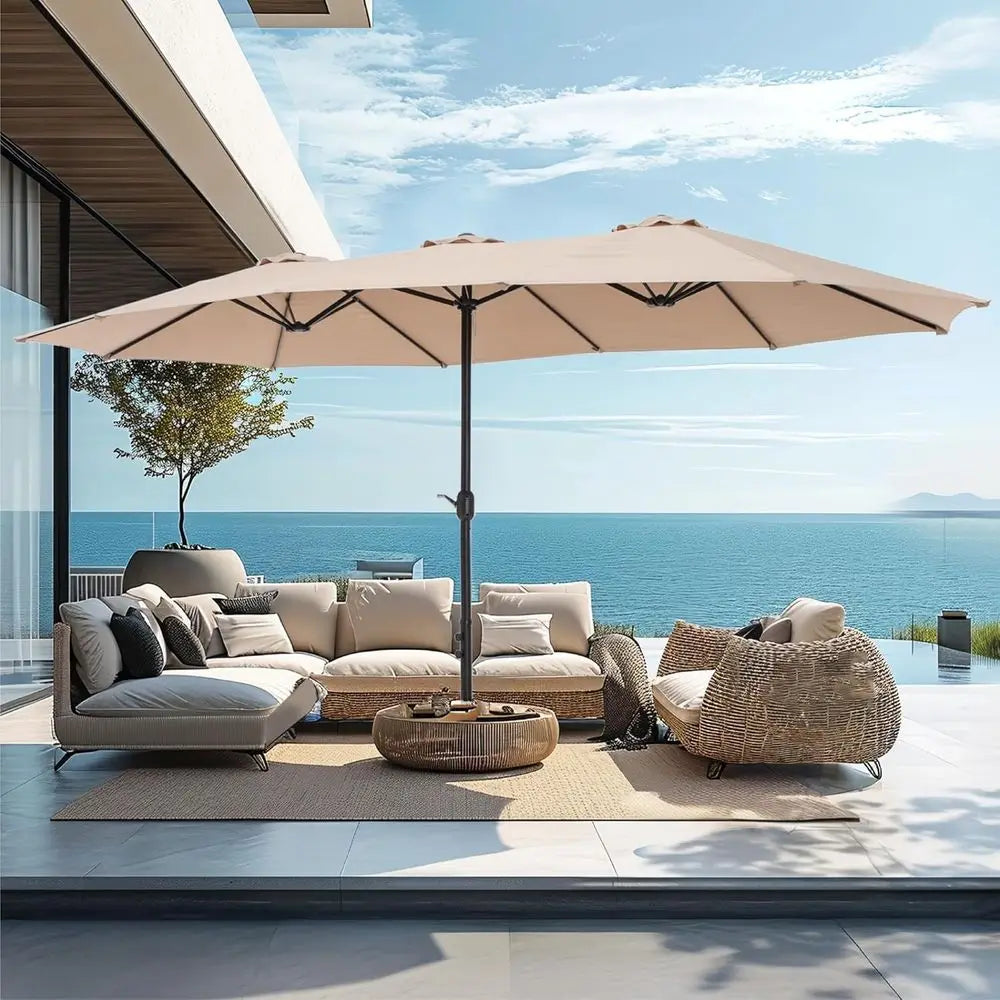 Large 15ft Rectangle Patio Umbrella with Stand, Outdoor Double-Sided Market Umbrella for Poolside and Backyard, Beige