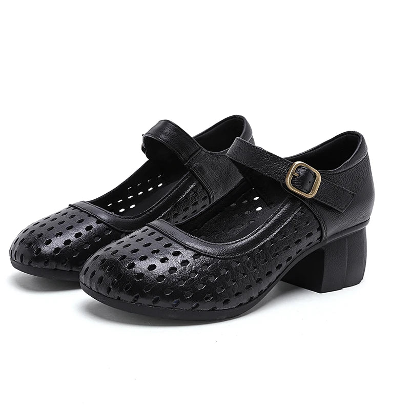 AIYUQI Women Hollow Mary Jane Shoes Genuine Leather Women Sandals Summer Comfortable Middle Aged Mother Shoes
