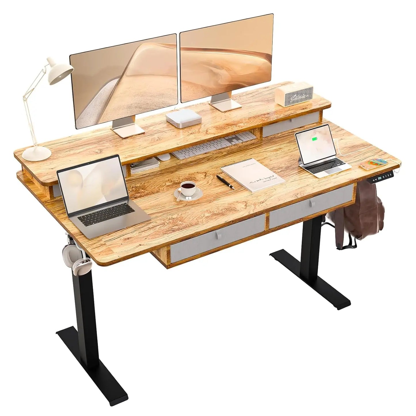 55 * 30 Inches Electric Standing Widened Desk Adjustable Height with 4 Drawers, Double Storage Shelves Stand Up, Customized