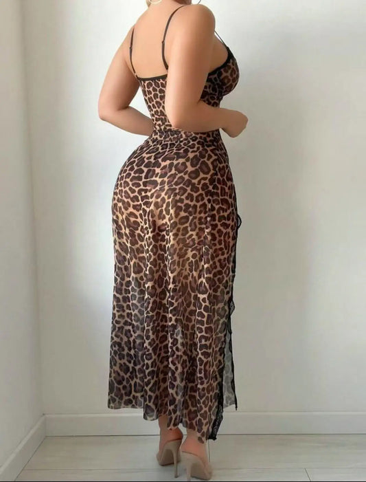 Sexy Adult Lingerie Female V-Neck Nightdress See ThroughHigh Split Pajama Dress Leopard Print Sleepwear Lace TrimEvening Dress