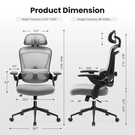 MCQ Office Computer Gaming Chair Ergonomic Flip Armrest Adjustable Headrests and Lumbar Support Mesh Chair For Office Home 