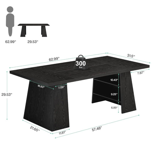 63-Inch Executive Desk, Modern Black Office Desk with Double Pedestal and Storage Shelves, Simple Large Computer, Customized