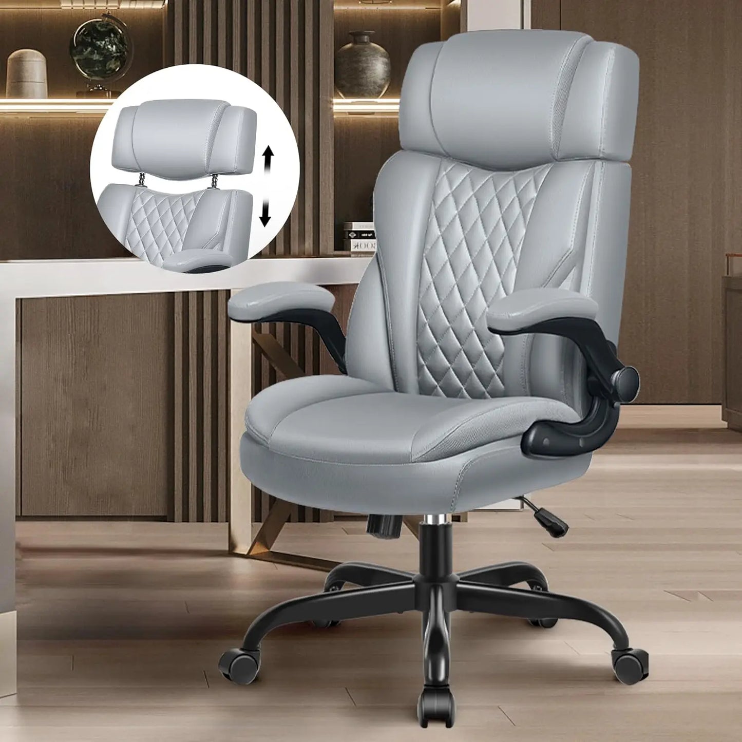 Office Chair Flip Up Arms, Executive Leather Office Chair Ergonomic Desk Chair with Lumbar Support, Adjustable, Customized