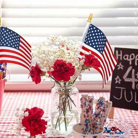 30pcs HandHeld American Stick Flags, 14x21cm HandHeld Mini USA Flag for Independence Day Outside Patriotic Holiday Yard Patio