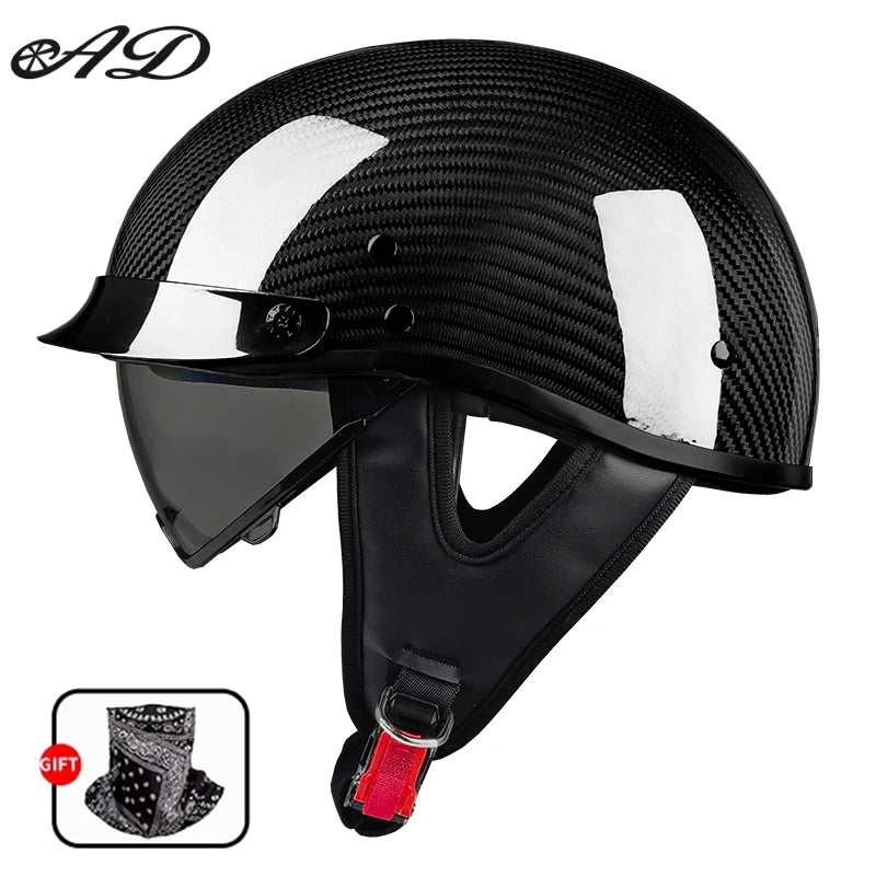  Best Seller Carbon Fiber Retro Motorcycle Half Face Helmet with Comfortable Lining Protective Goggles Helmet Factory Wholesale