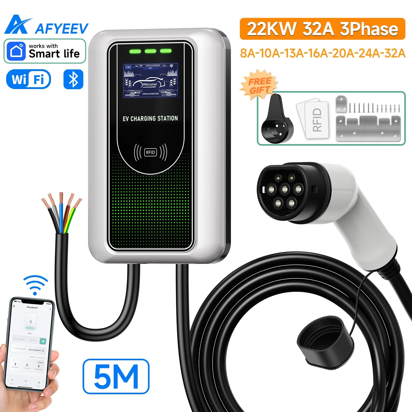 AFYEEV Type2 EV Charger 32A 7.6KW Charging Station Car Charger 11KW 22KW 3Phase EVSE Wallbox APP Bluetooth WiFi Remote Control