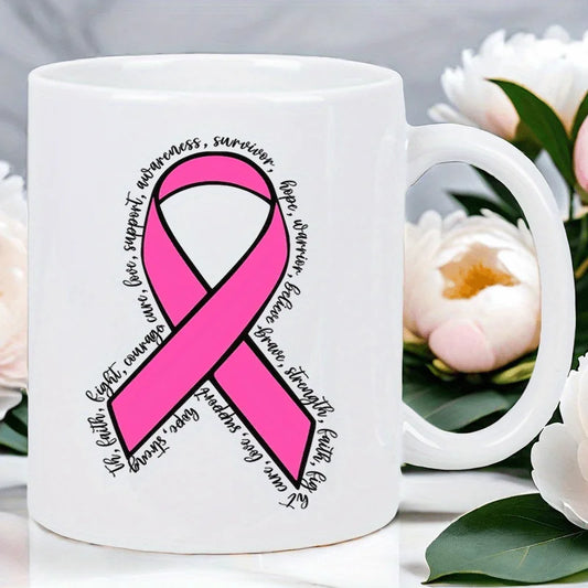 11oz Pink Ribbon Ceramic Coffee Mug with Breast Cancer Awareness Ribbon Design - Insulated Thermal Cup, Hand-Wash Only, Reusable
