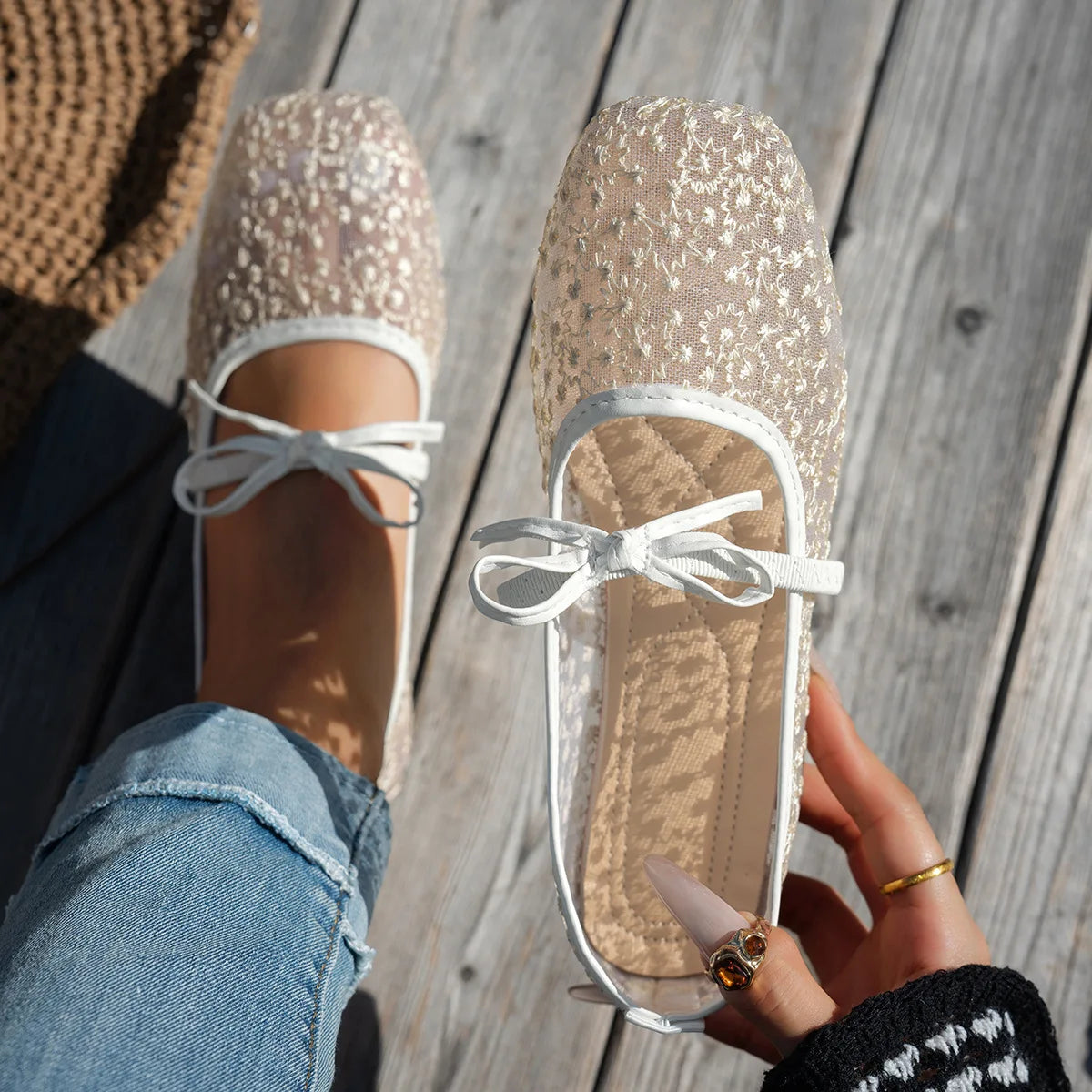 Plus Size 43 Women Fashion Ballet Flats Breathable Laces Square Toe Spring Summer Flat Shoes For Female Daily Walking Loafers