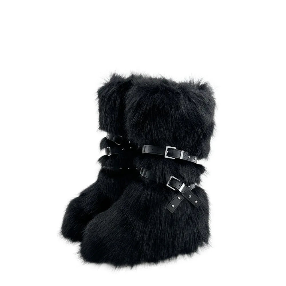 Faux Fur Knee-High Boot Round Toe Height Increasing Wild Winter Warmer Belt Buckle Slip-On Fashion Luxury Sexy Women Shoe Newest