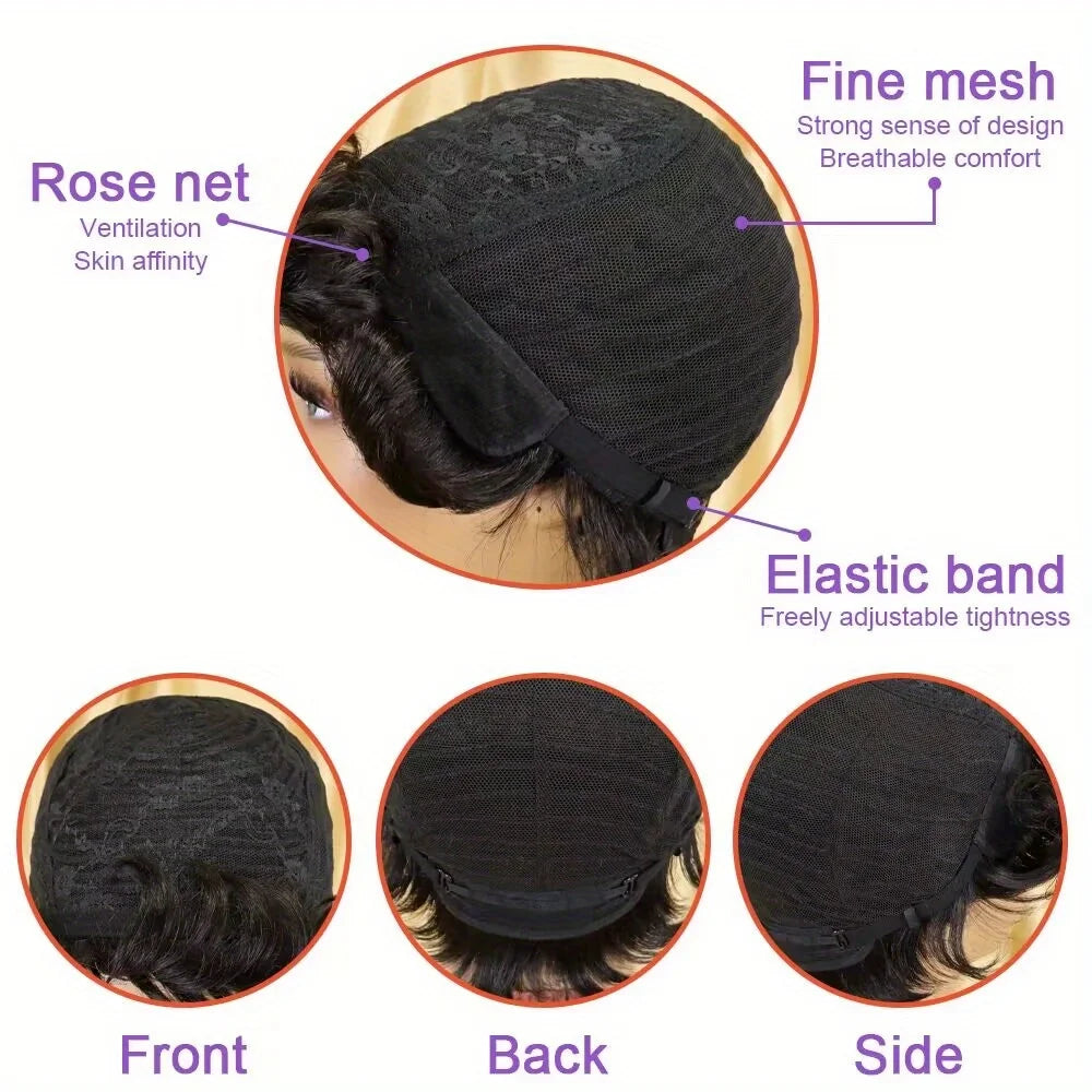 Pixie Cut Wigs Short Human Hair Wigs with Bangs Short Layered Full Machine Made Wig Natural Black Color for Women